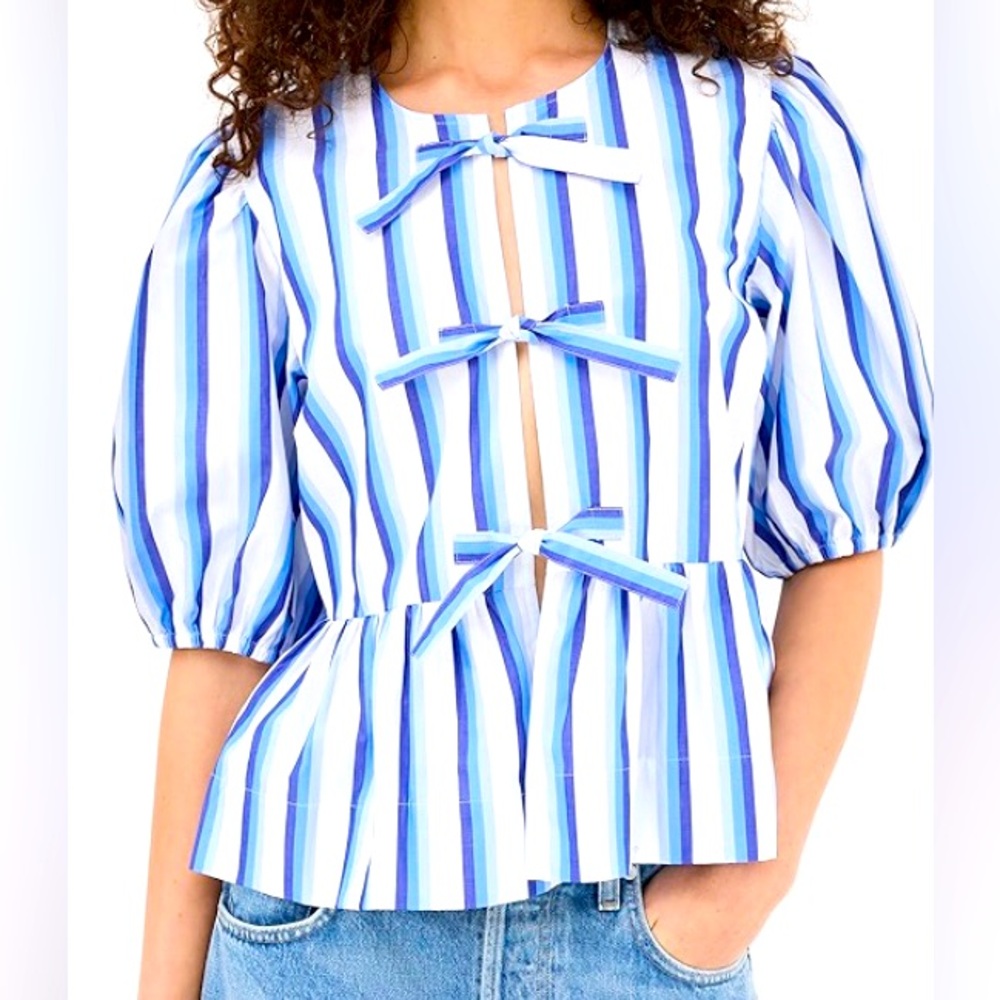 Ganni Stripe Peplum Tie Blouse Size EU 42 Short Sleeve 100% Cotton Relaxed Fit